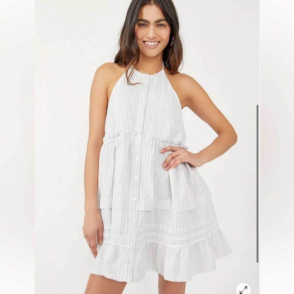 Free People desert Blue Striped Ruffle Mini Dress Cotton Summer beach M